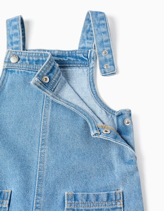 Jardineiras de ganga wide leg com bolsos para bebé menina, azul-claro