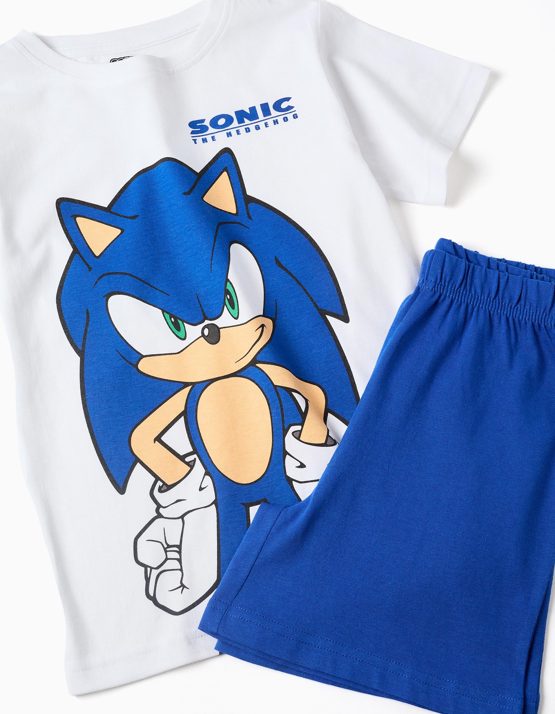 Pijama curto de algodão com estampado Sonic para menino, branco/azul