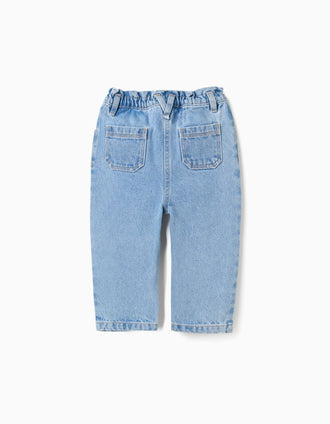 Calças de ganga wide leg com cintura paperbag para bebé menina, azul-claro