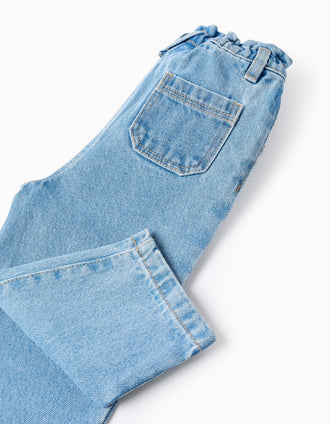 Calças de ganga wide leg com cintura paperbag para bebé menina, azul-claro