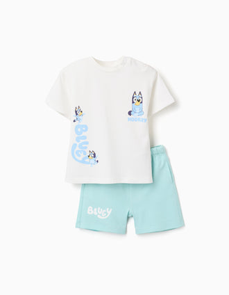 T-shirt + short en coton avec Bluey pour bébé et enfant, blanc/bleu