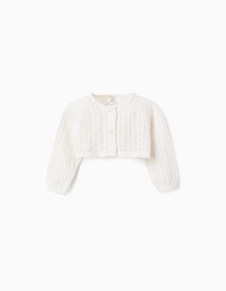 Openwork knit bolero for newborn girls, white