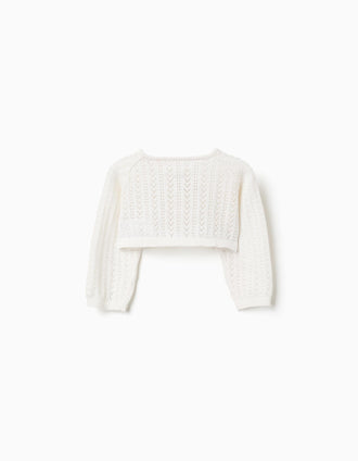 Openwork knit bolero for newborn girls, white