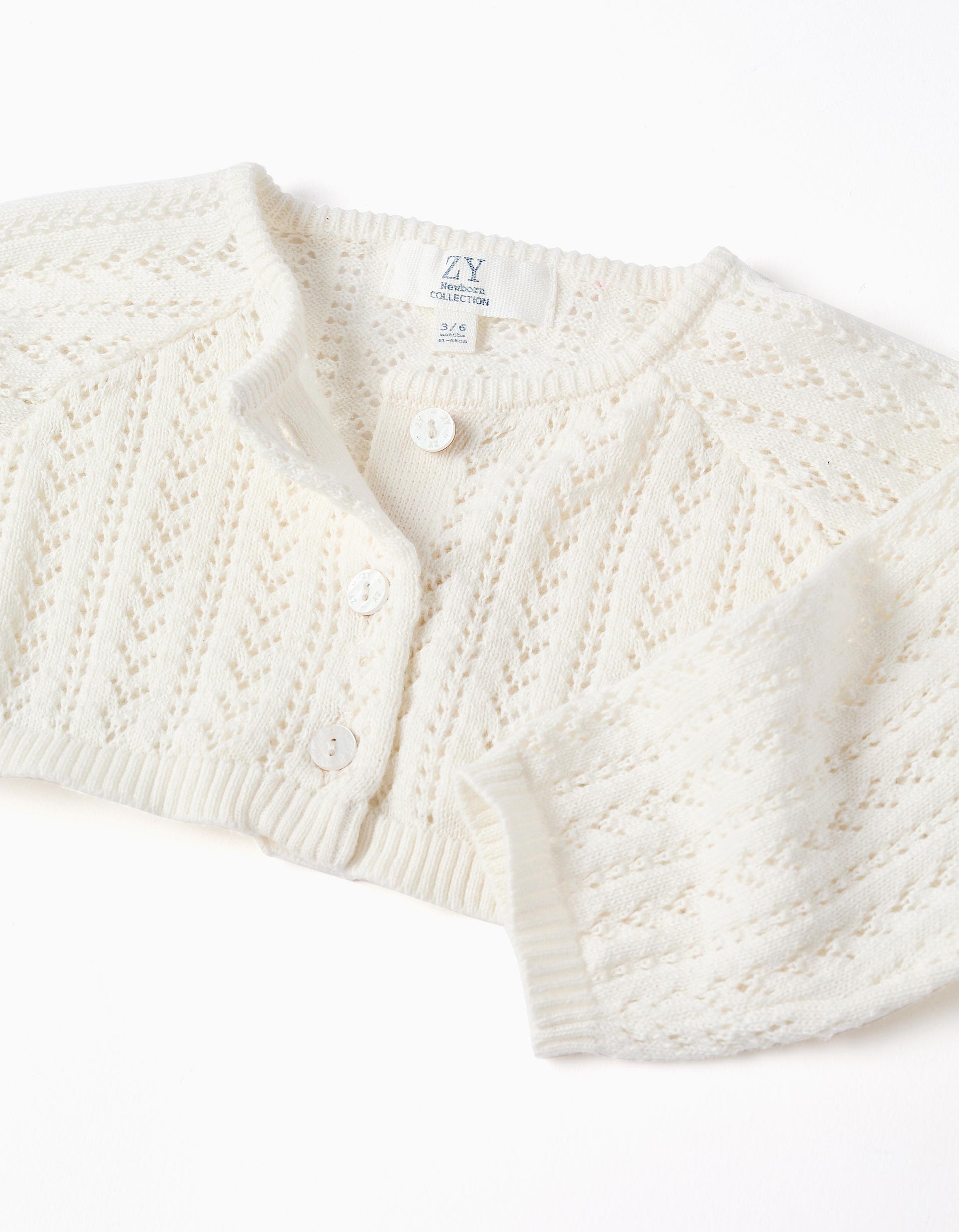 Bolero de malha ajurada para recém-nascida, branco