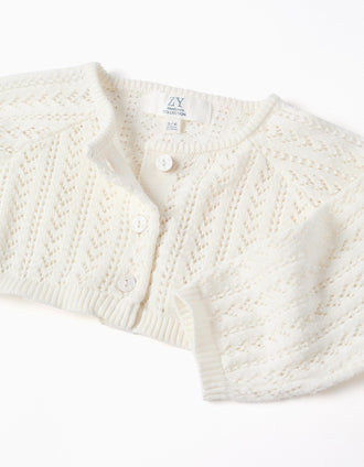 Openwork knit bolero for newborn girls, white