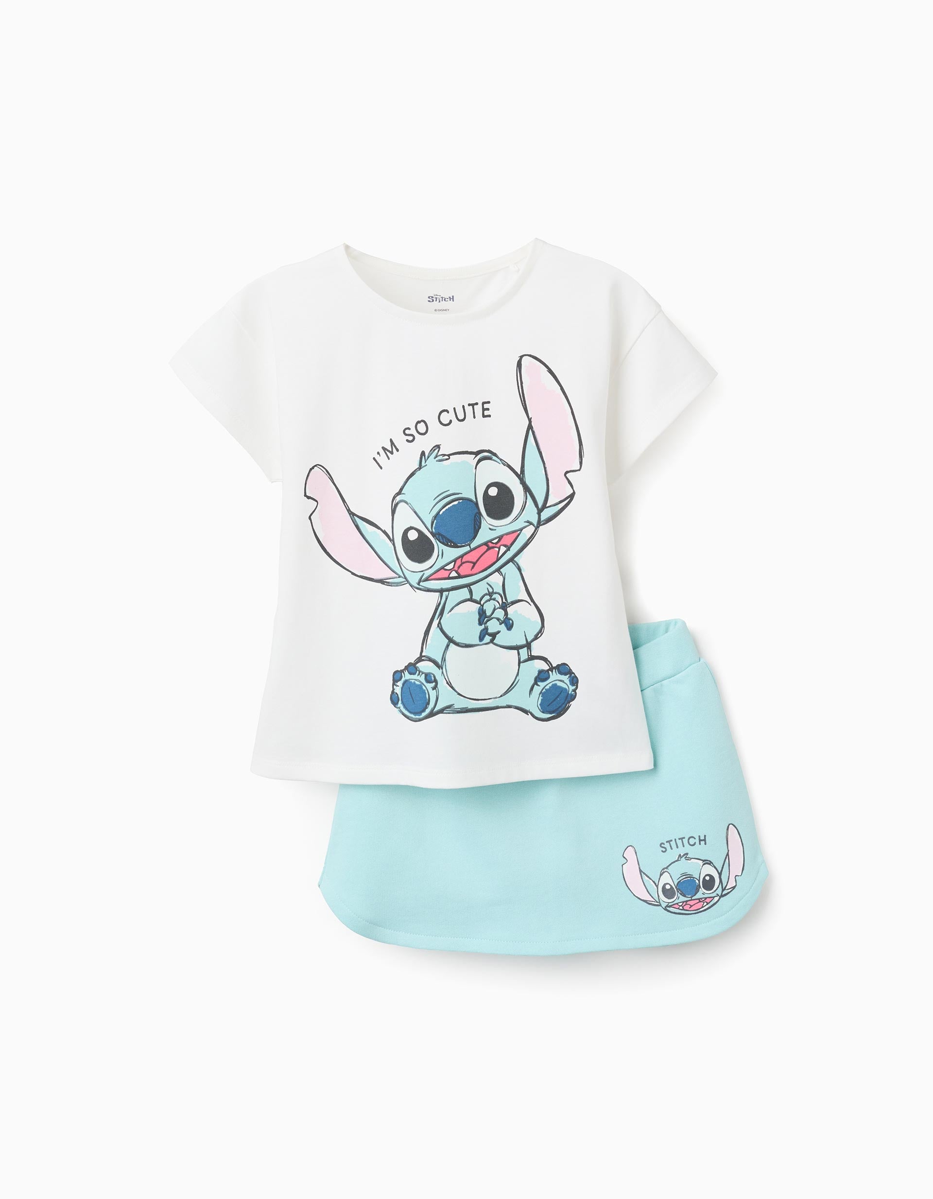 T-shirt + saia-calção de algodão com o Stitch para menina, branco/azul