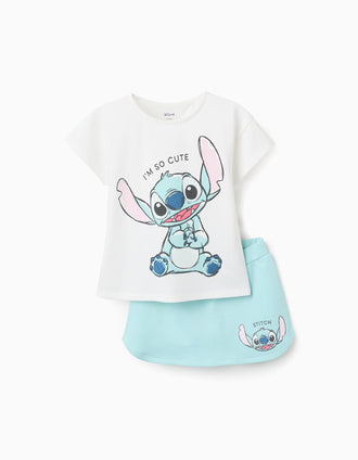 Cotton T-shirt and skort set with Stitch for girls, white/blue