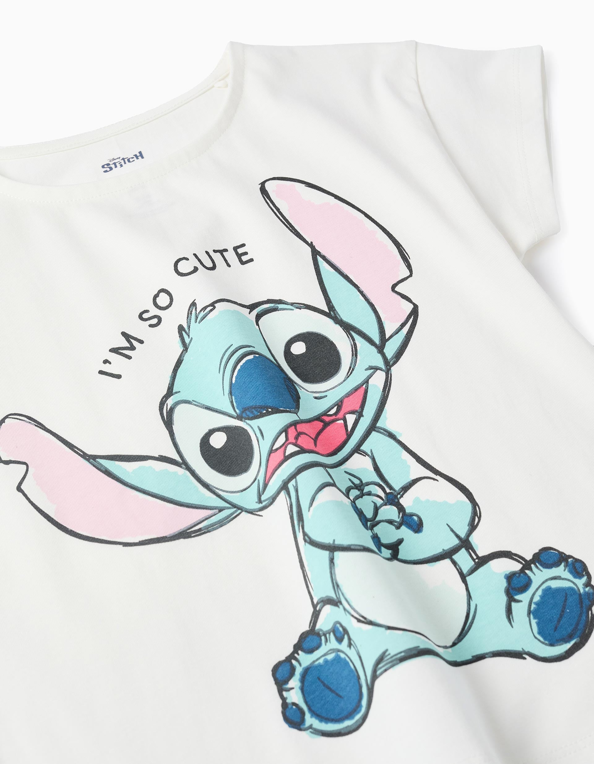T-shirt + saia-calção de algodão com o Stitch para menina, branco/azul