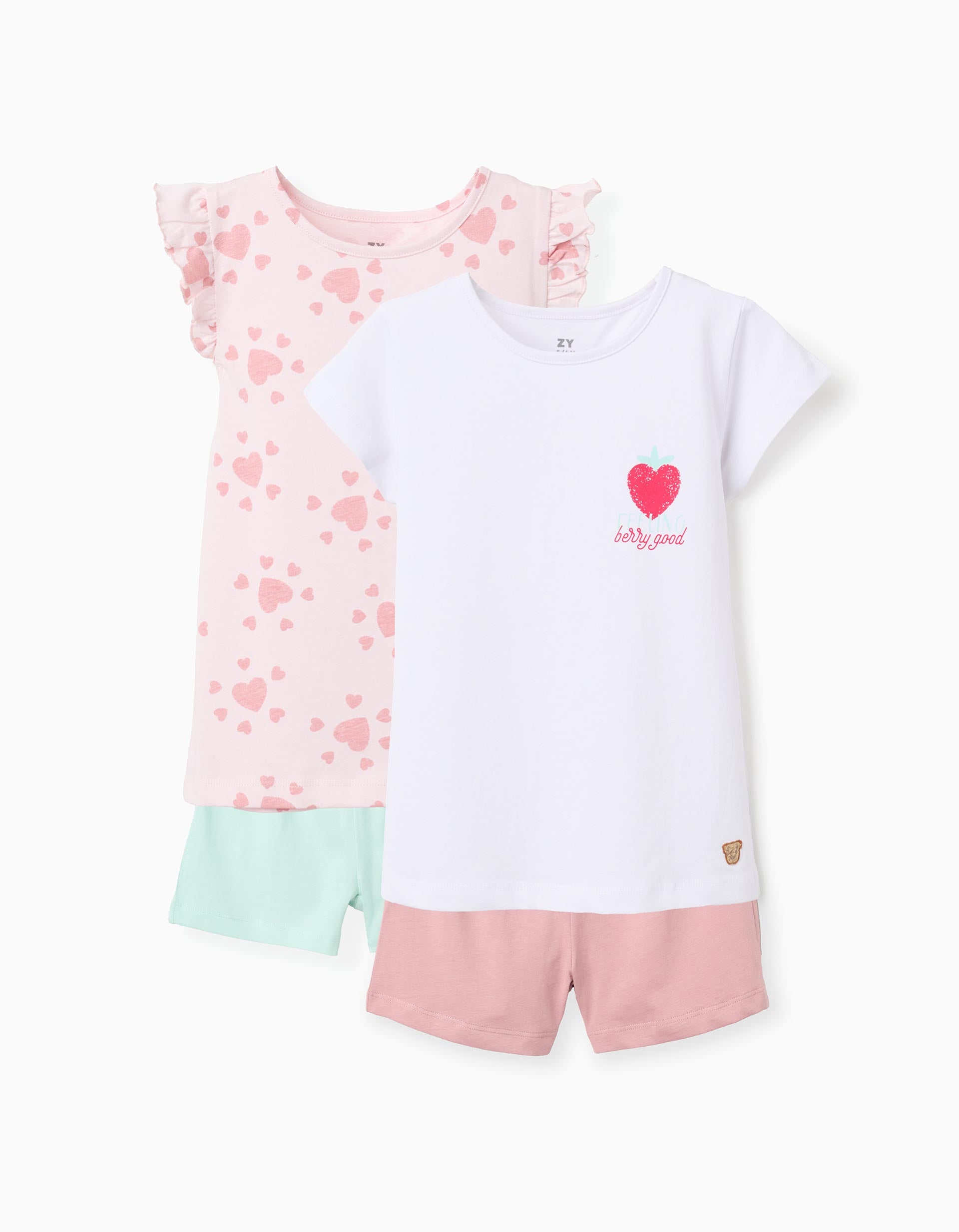Lot de 2 pyjamas en coton à imprimés cœur pour fille, blanc/rose/vert