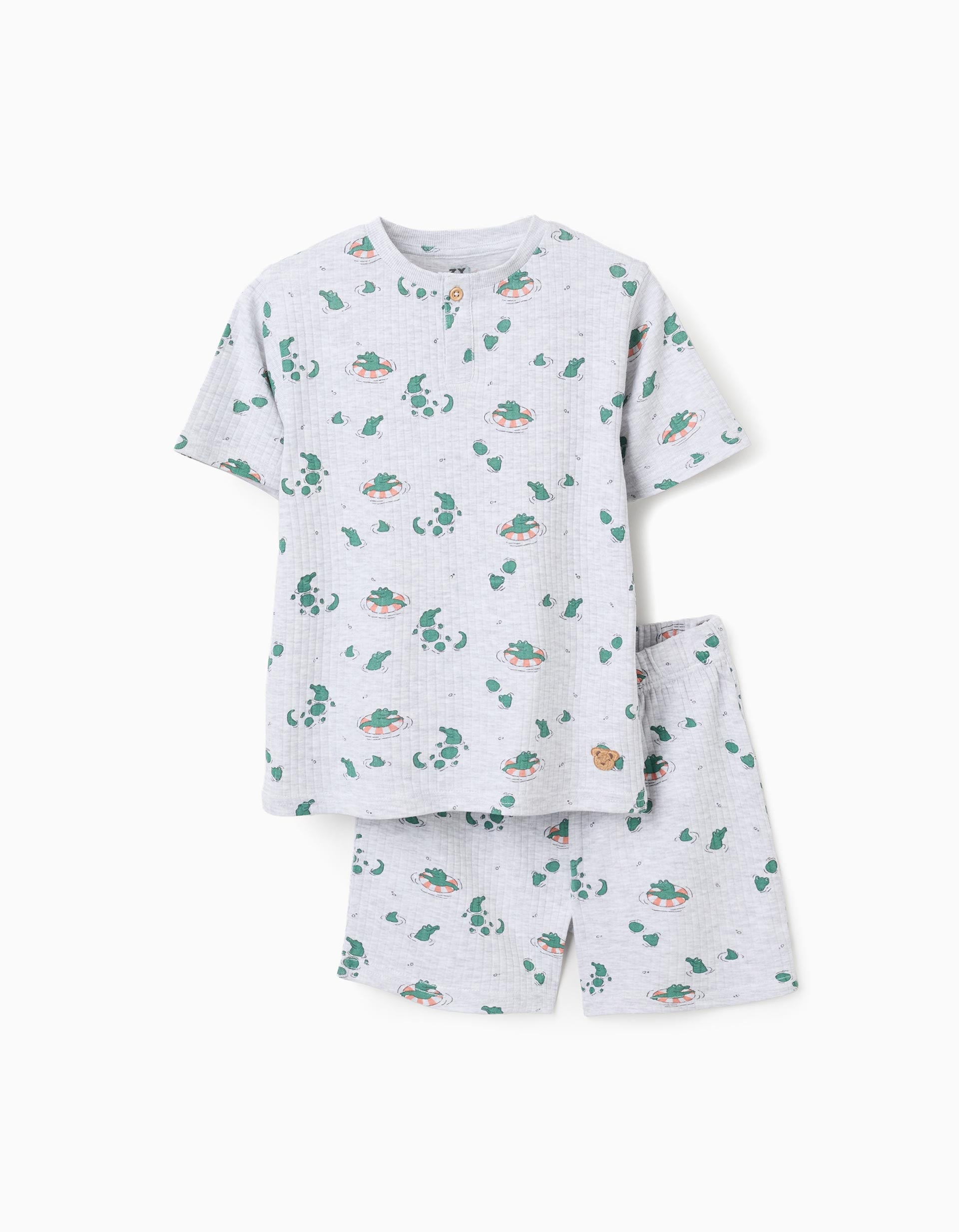 Pijama de algodão canelado com motivo de jacarés para menino, cinza/verde