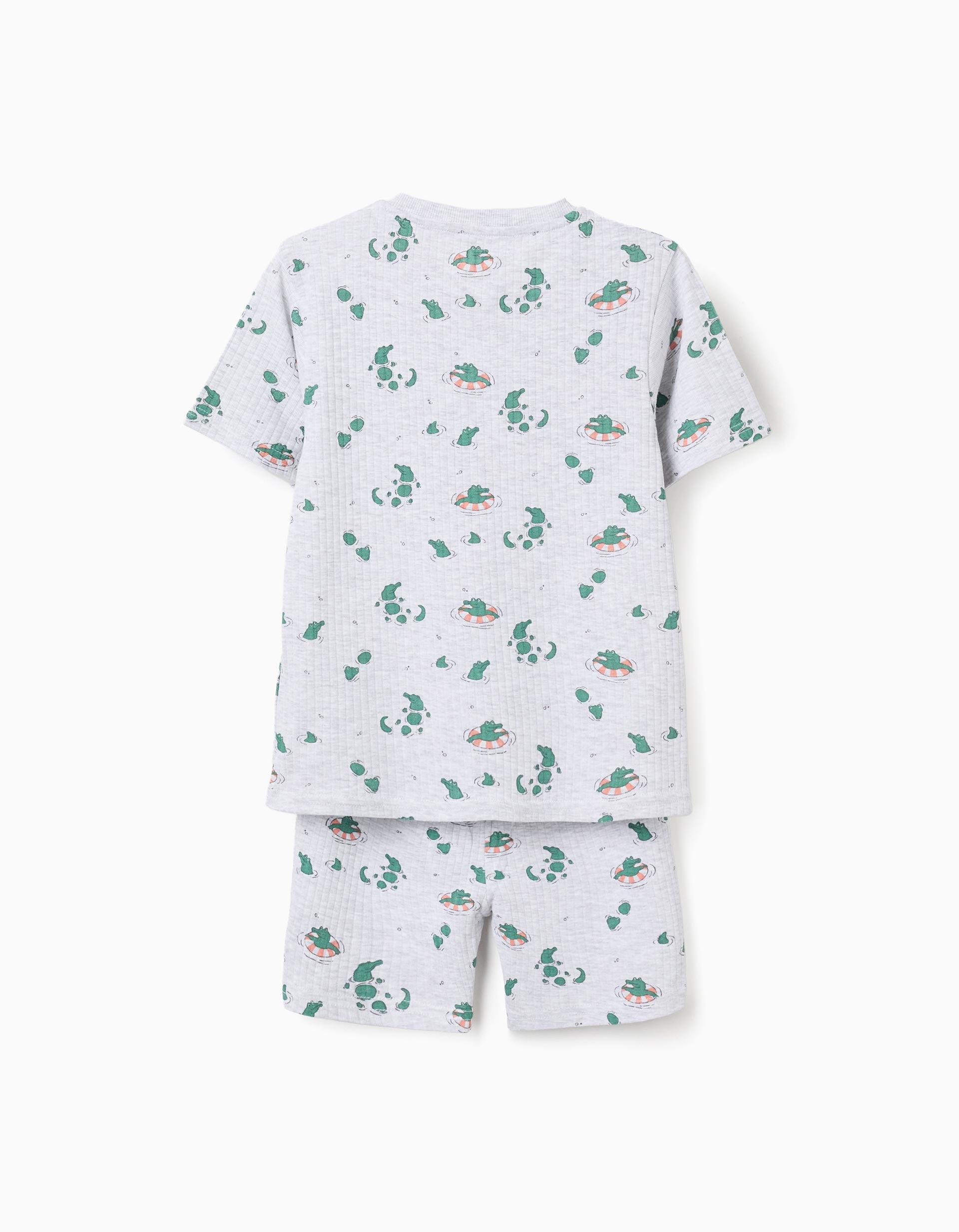 Pijama de algodão canelado com motivo de jacarés para menino, cinza/verde