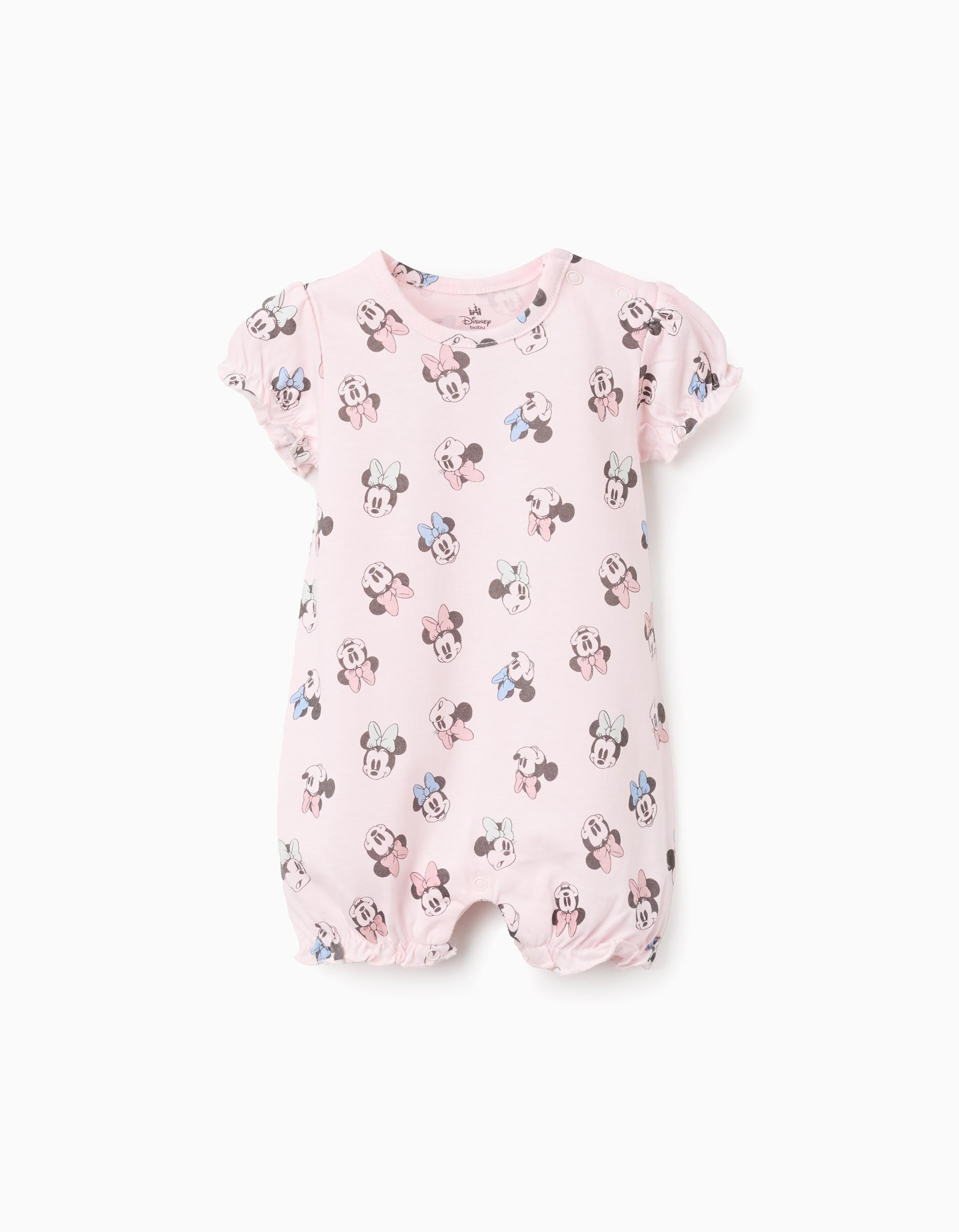 Cotton romper with Minnie motif for newborn and baby girls, light pink