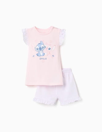 Pijama curto de algodão com estampado Stitch para bebé menina, rosa-claro