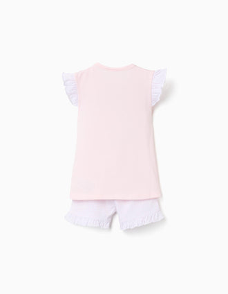 Pijama curto de algodão com estampado Stitch para bebé menina, rosa-claro