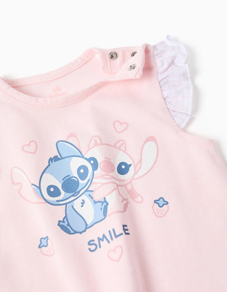 Pijama curto de algodão com estampado Stitch para bebé menina, rosa-claro