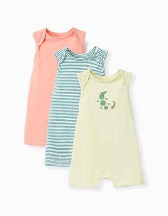 Pack of 3 cotton sleeveless rompers for newborn and baby boys, multicolour