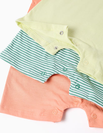 Pack of 3 cotton sleeveless rompers for newborn and baby boys, multicolour