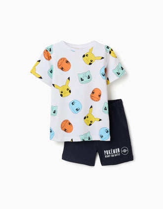 Pyjama court en coton à imprimés Pokémon pour garçon, blanc/bleu foncé