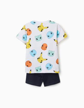 Pyjama court en coton à imprimés Pokémon pour garçon, blanc/bleu foncé
