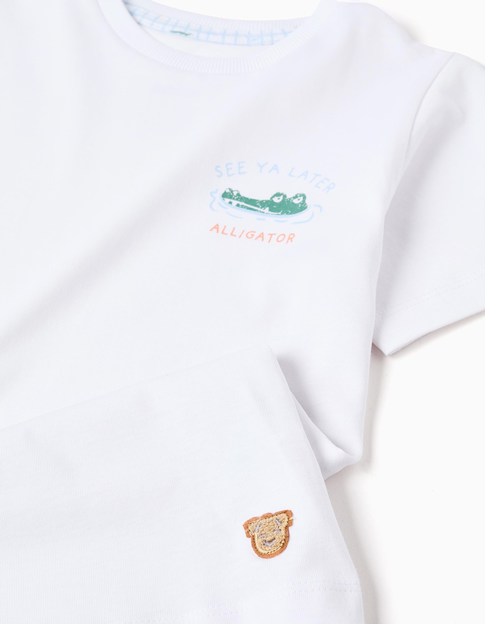 Pijama curto de algodão com jacarés estampados para menino, branco