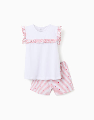 Pyjama court en coton à rayures et motif cœurs pour fille, blanc/rose