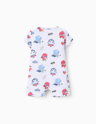 2 cotton rompers with Super Friends for newborn and baby boys, white