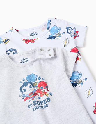 2 cotton rompers with Super Friends for newborn and baby boys, white
