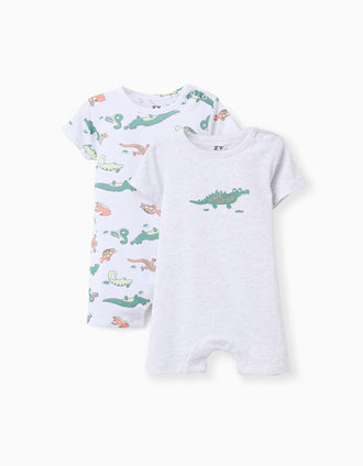 2 cotton rompers with crocodiles for newborn and baby boys, white/grey