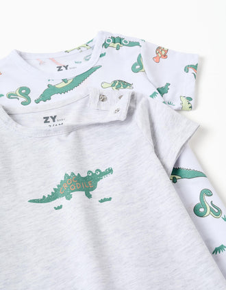 2 cotton rompers with crocodiles for newborn and baby boys, white/grey