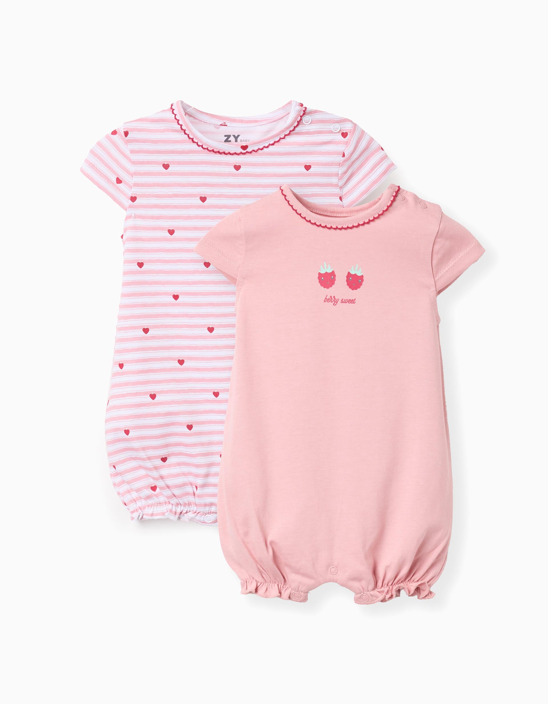 2 pijamas-macacões com estampados para recém-nascida e bebé, rosa