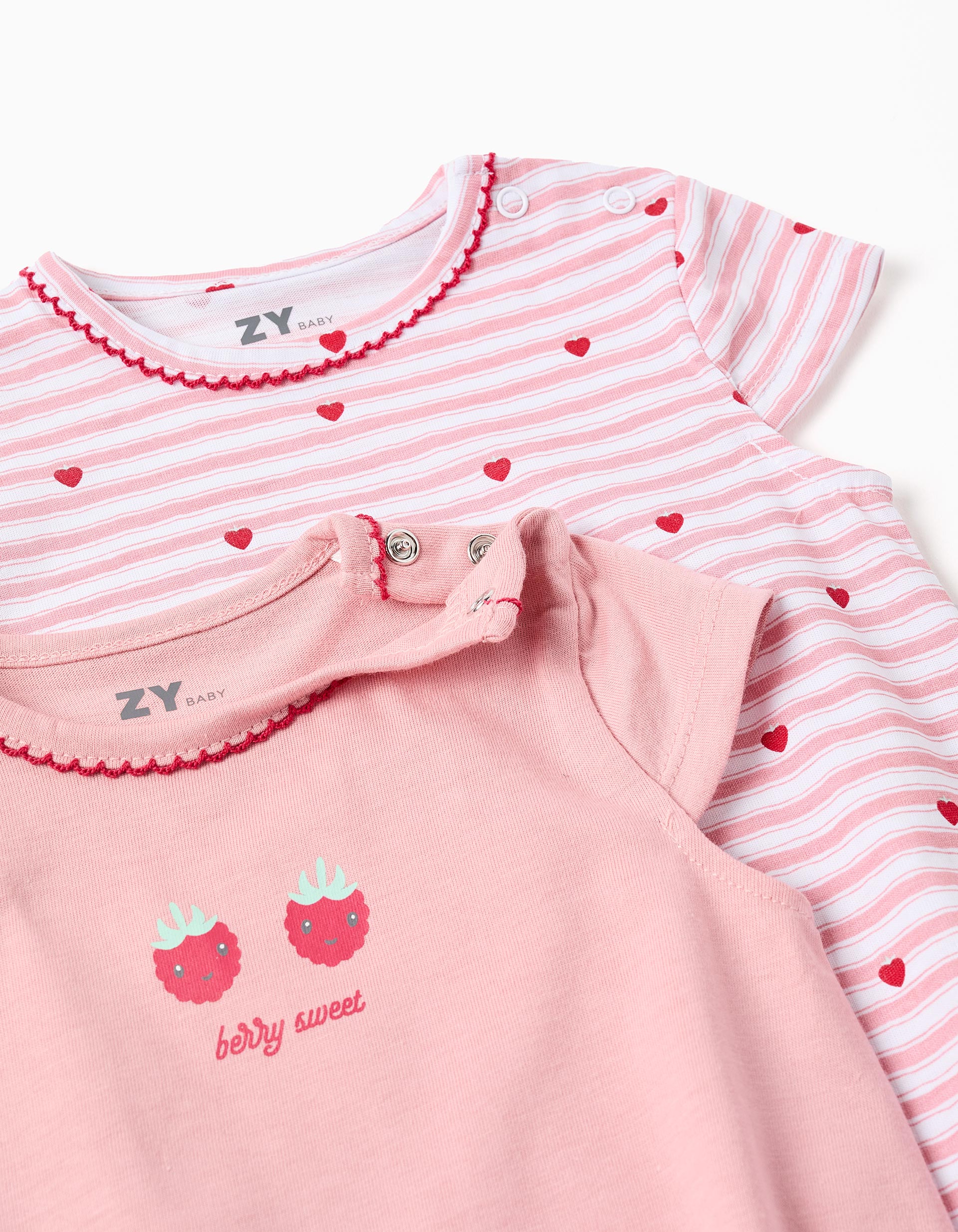 2 pijamas-macacões com estampados para recém-nascida e bebé, rosa