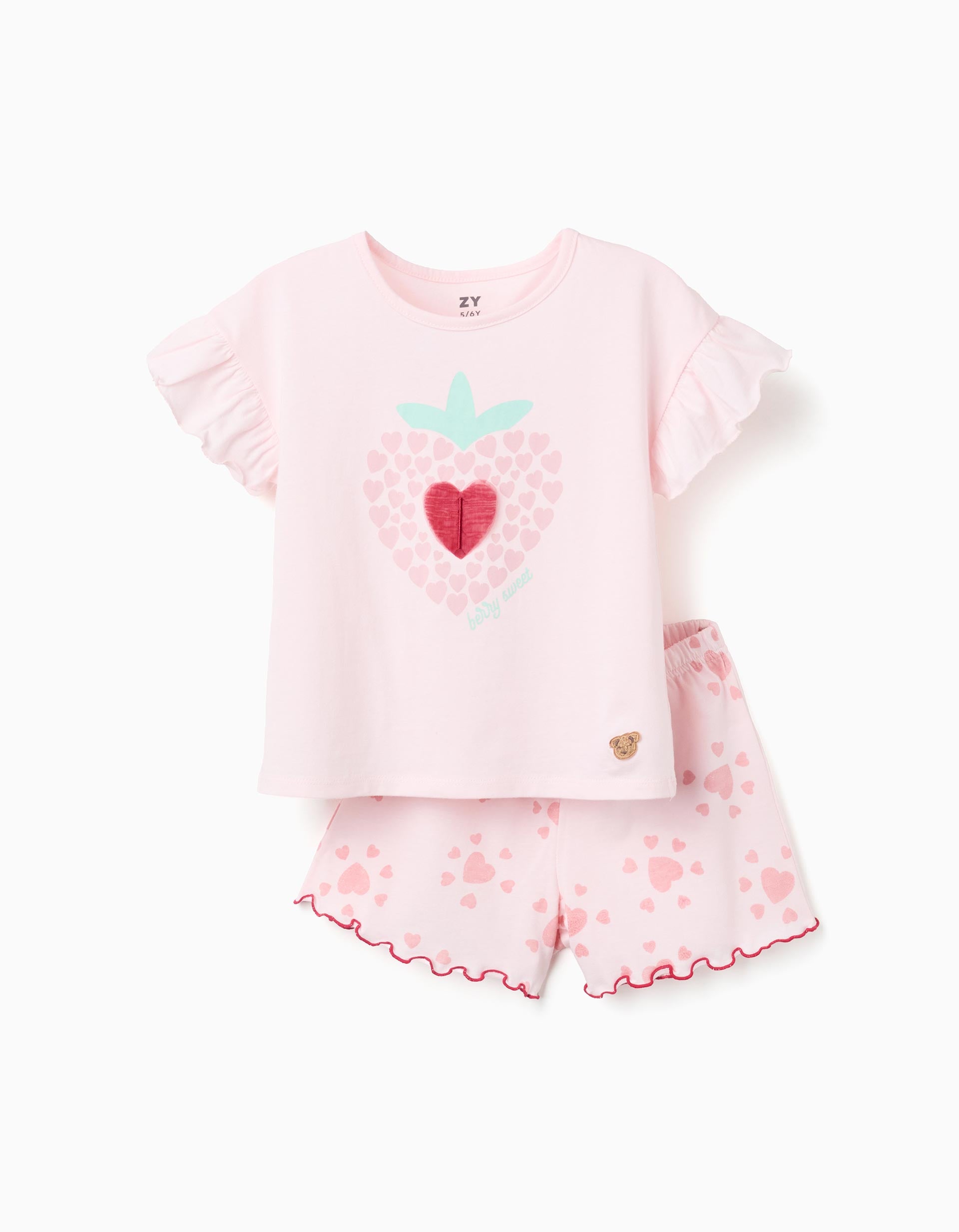 Pyjama court en coton avec imprimés cœur pour fille, rose clair
