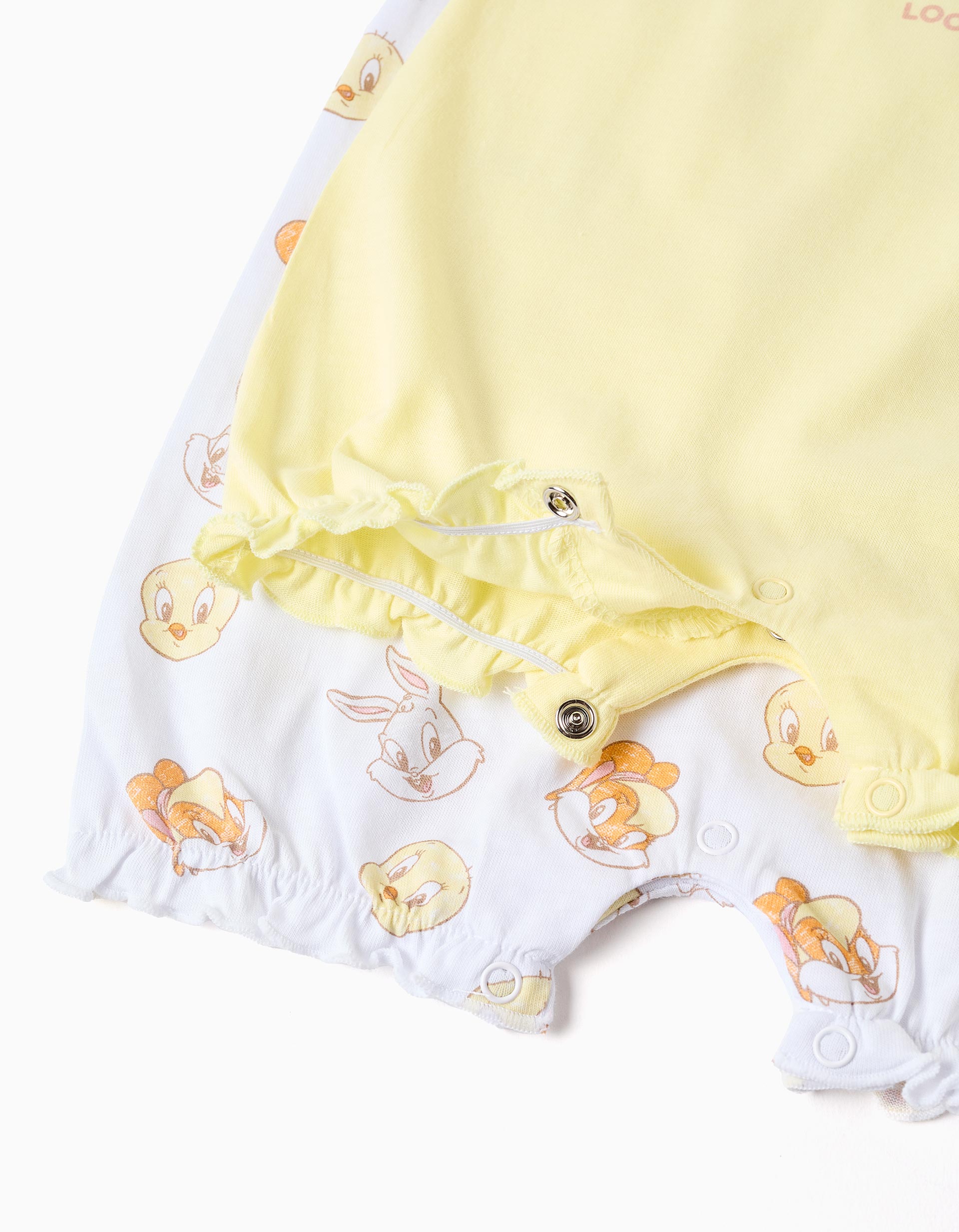 2 cotton rompers with Looney Tunes for newborn and baby girls, white/yellow