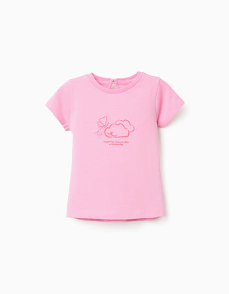 Camiseta de algodón con estampado frontal en relieve para bebé niña, rosa