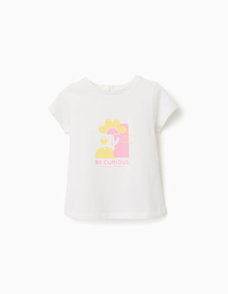 Camiseta de algodón con estampado Be Curious para bebé niña, blanco