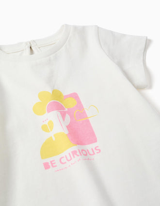 Camiseta de algodón con estampado Be Curious para bebé niña, blanco
