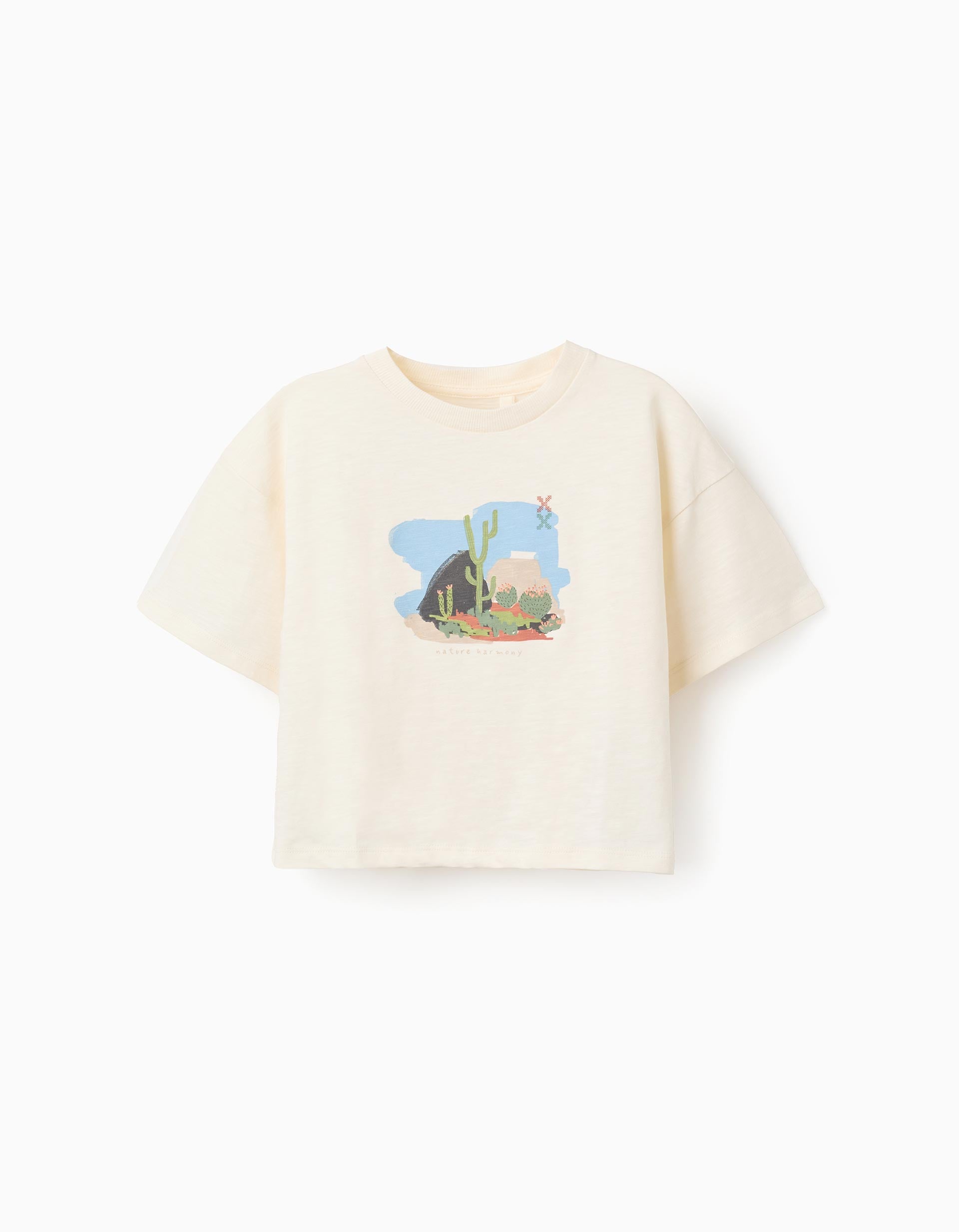 Camiseta oversize de algodón con estampado y volantes para niña, beige