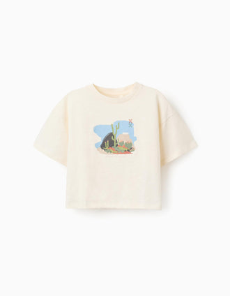 T-shirt oversize de algodão com estampado e folhos para menina, bege