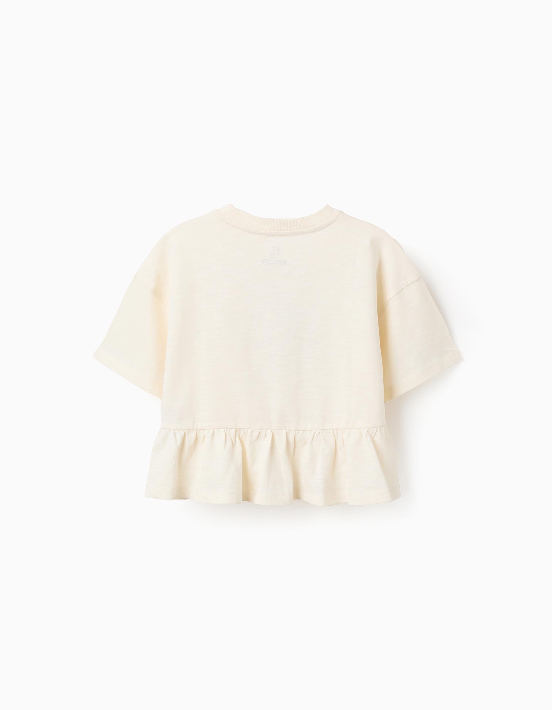 Camiseta oversize de algodón con estampado y volantes para niña, beige
