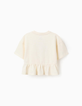 T-shirt oversize de algodão com estampado e folhos para menina, bege