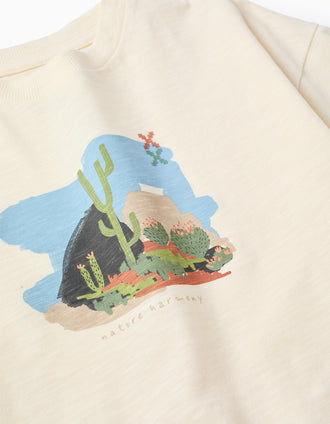 T-shirt oversize de algodão com estampado e folhos para menina, bege