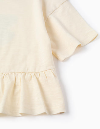 T-shirt oversize de algodão com estampado e folhos para menina, bege