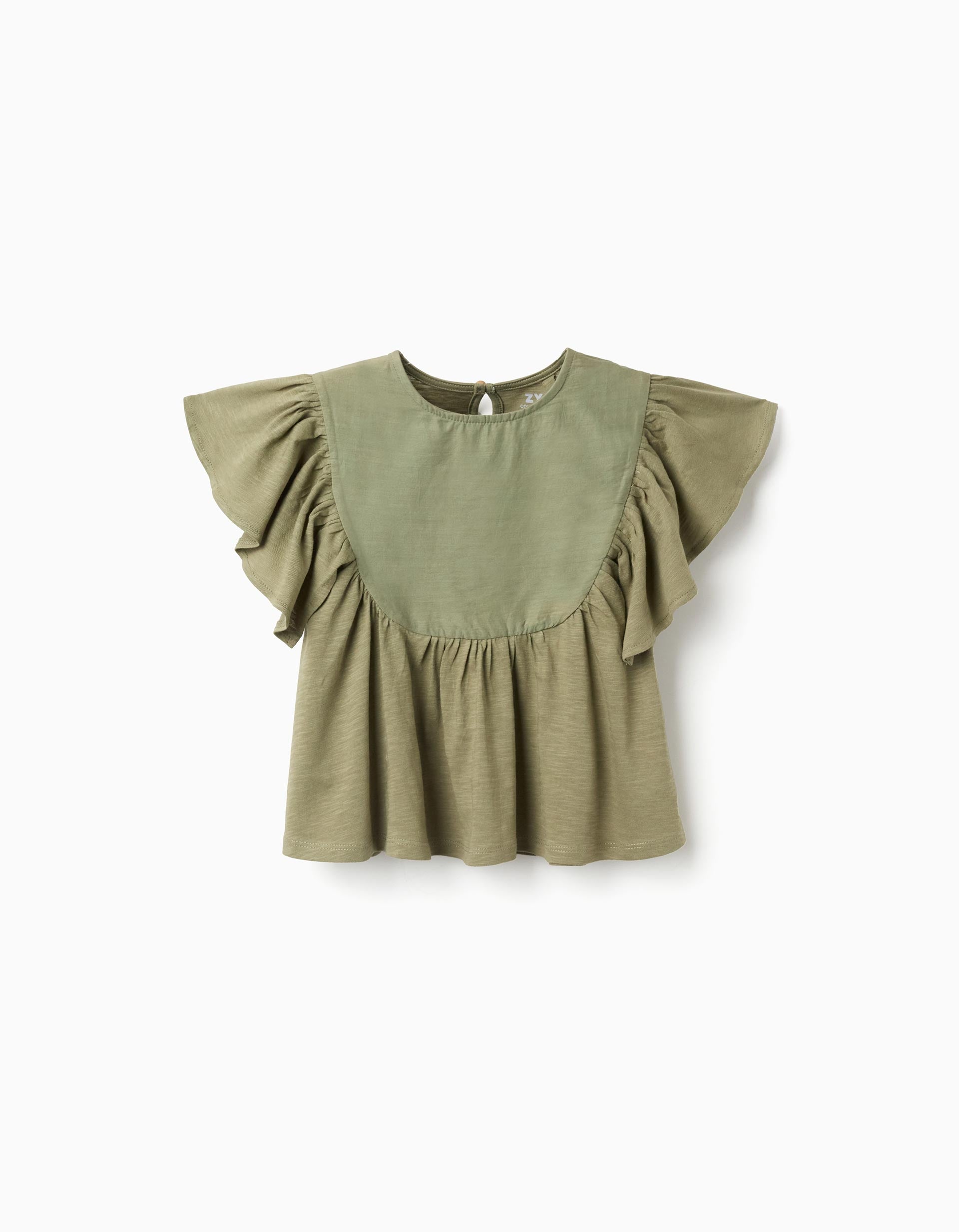 T-shirt de algodão com mangas com folhos para menina, verde-escuro