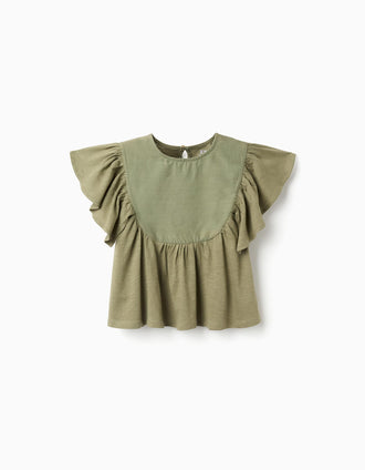 T-shirt de algodão com mangas com folhos para menina, verde-escuro