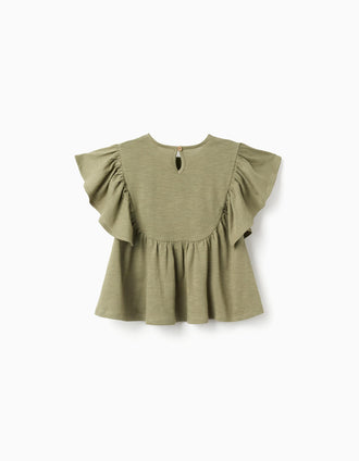 T-shirt de algodão com mangas com folhos para menina, verde-escuro