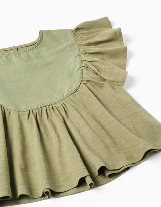 T-shirt de algodão com mangas com folhos para menina, verde-escuro