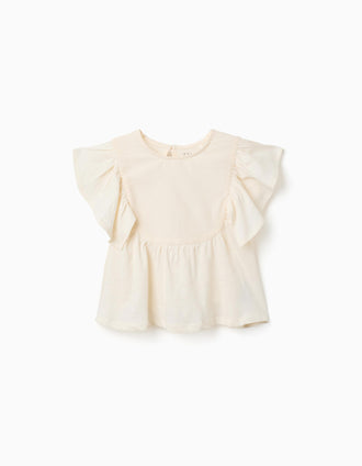 T-shirt de algodão com mangas com folhos para menina, bege-claro