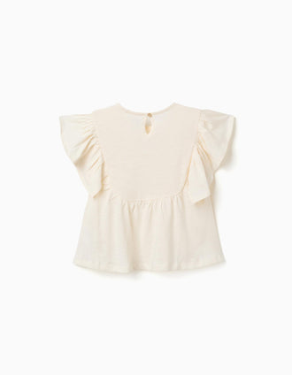 T-shirt de algodão com mangas com folhos para menina, bege-claro
