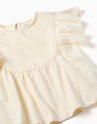 T-shirt de algodão com mangas com folhos para menina, bege-claro