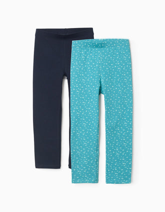 Pack de 2 leggins lisos/florales para niña, azul oscuro/claro